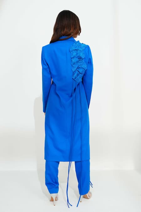 Shop Vidhi Wadhwani Blue Twill Cotton Embroidered Coral Applique Lapel Mia Work Jacket And Pant Set at Aza Fashions Shop_Vidhi Wadhwani_Blue Twill Cotton Embroidered Coral Applique Lapel Mia Work Jacket And Pant Set _at_Aza_Fashions
