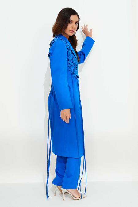 Vidhi Wadhwani Blue Twill Cotton Embroidered Coral Applique Lapel Mia Work Jacket And Pant Set Online at Aza Fashions Vidhi Wadhwani_Blue Twill Cotton Embroidered Coral Applique Lapel Mia Work Jacket And Pant Set _Online_at_Aza_Fashions