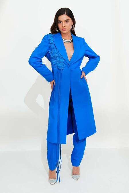Shop Vidhi Wadhwani Blue Twill Cotton Embroidered Coral Applique Lapel Mia Work Jacket And Pant Set Online at Aza Fashions Shop_Vidhi Wadhwani_Blue Twill Cotton Embroidered Coral Applique Lapel Mia Work Jacket And Pant Set _Online_at_Aza_Fashions