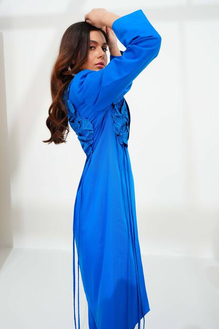 Vidhi Wadhwani Blue Twill Cotton Embroidered Coral Applique Lapel Mia Work Jacket And Pant Set at Aza Fashions Vidhi Wadhwani_Blue Twill Cotton Embroidered Coral Applique Lapel Mia Work Jacket And Pant Set _at_Aza_Fashions