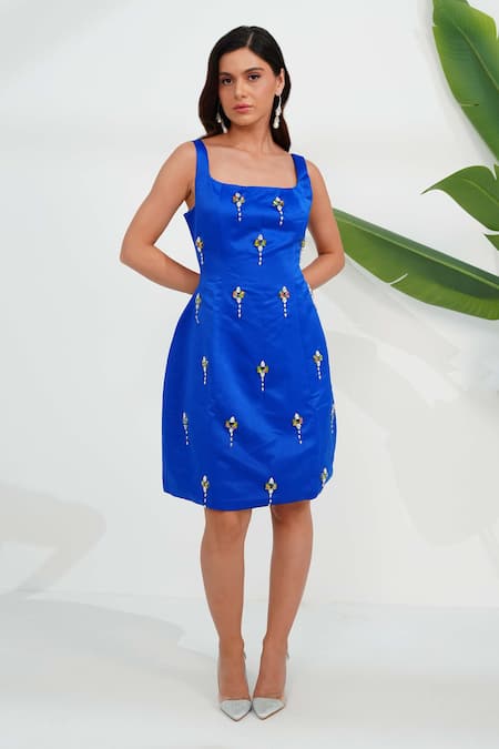 Vidhi Wadhwani Blue Dutch Satin Embroidered Crystal Diamond Square Moonly Embellished Dress 