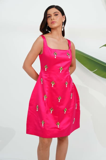 Vidhi Wadhwani Pink Dutch Satin Embroidered Crystal Diamond Square Moonly Embellished Dress 