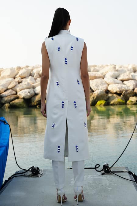 Shop Vidhi Wadhwani White Cotton, Crepe, Polyester Mykonos Geometric Embroidered Jacket Pant Set at Aza Fashions Shop_Vidhi Wadhwani_White Cotton, Crepe, Polyester Mykonos Geometric Embroidered Jacket Pant Set _at_Aza_Fashions