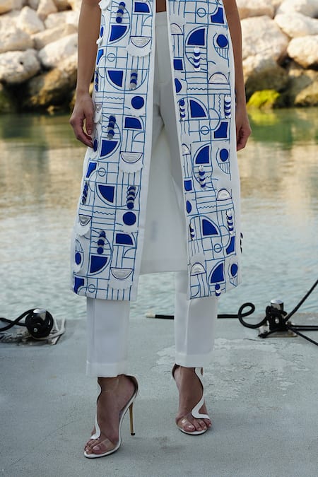 Vidhi Wadhwani White Cotton, Crepe, Polyester Mykonos Geometric Embroidered Jacket Pant Set Online at Aza Fashions Vidhi Wadhwani_White Cotton, Crepe, Polyester Mykonos Geometric Embroidered Jacket Pant Set _Online_at_Aza_Fashions