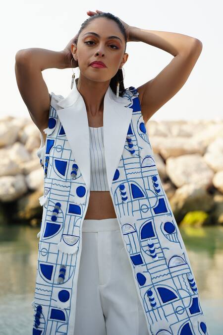 Shop Vidhi Wadhwani White Cotton, Crepe, Polyester Mykonos Geometric Embroidered Jacket Pant Set Online at Aza Fashions Shop_Vidhi Wadhwani_White Cotton, Crepe, Polyester Mykonos Geometric Embroidered Jacket Pant Set _Online_at_Aza_Fashions