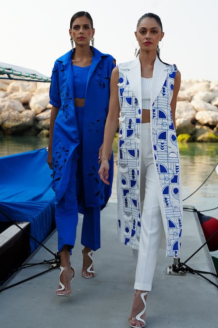 Buy Vidhi Wadhwani White Cotton, Crepe, Polyester Mykonos Geometric Embroidered Jacket Pant Set Buy_Vidhi Wadhwani_White Cotton, Crepe, Polyester Mykonos Geometric Embroidered Jacket Pant Set