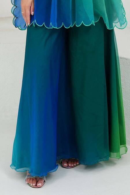 Vidhi Wadhwani_Blue Silk Organza, Linen Beads, Nina Coral Work Shaded Tunic And Palazzo Set _Online_at_Aza_Fashions