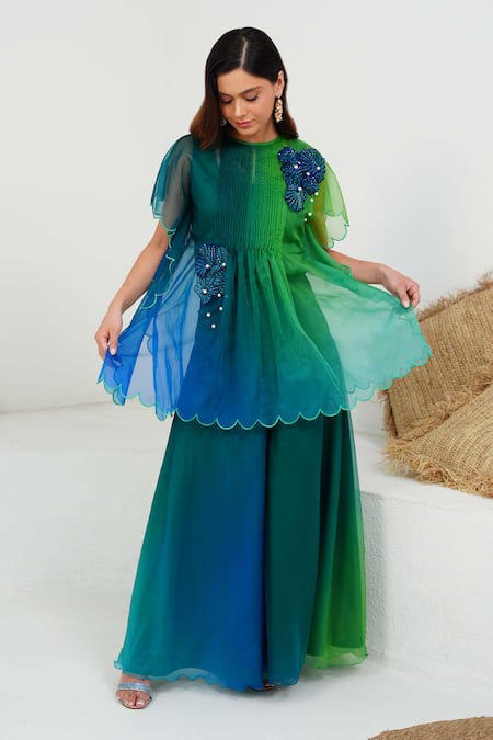 Buy_Vidhi Wadhwani_Blue Silk Organza, Linen Beads, Nina Coral Work Shaded Tunic And Palazzo Set _Online_at_Aza_Fashions