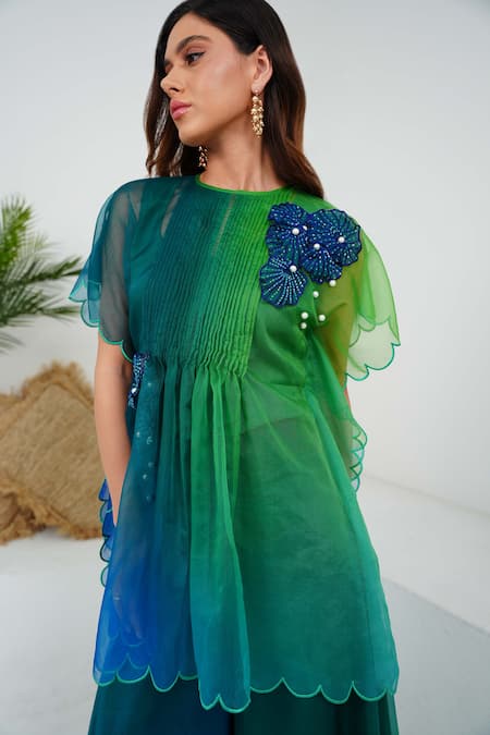 Shop_Vidhi Wadhwani_Blue Silk Organza, Linen Beads, Nina Coral Work Shaded Tunic And Palazzo Set _Online_at_Aza_Fashions