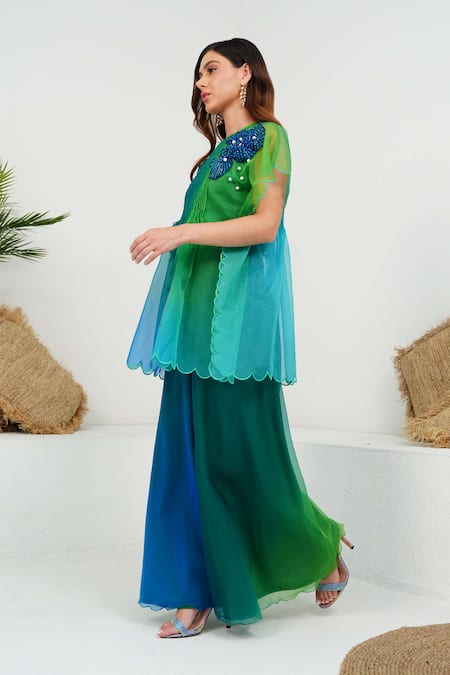 Vidhi Wadhwani_Blue Silk Organza, Linen Beads, Nina Coral Work Shaded Tunic And Palazzo Set _at_Aza_Fashions