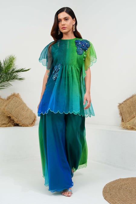 Buy_Vidhi Wadhwani_Blue Silk Organza, Linen Beads, Nina Coral Work Shaded Tunic And Palazzo Set 