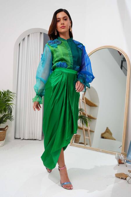 Shop Vidhi Wadhwani Blue Shirt Silk Organza Embroidered Coral Pearl Work And Draped Skirt Set Online at Aza Fashions Shop_Vidhi Wadhwani_Blue Shirt Silk Organza Embroidered Coral Pearl Work And Draped Skirt Set _Online_at_Aza_Fashions