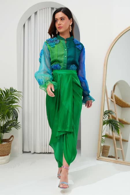 Buy Vidhi Wadhwani Blue Silk Organza Embroidered Coral Applique Band Collar Pearl Shirt Online at Aza Fashions Buy_Vidhi Wadhwani_Blue Silk Organza Embroidered Coral Applique Band Collar Pearl Shirt _Online_at_Aza_Fashions