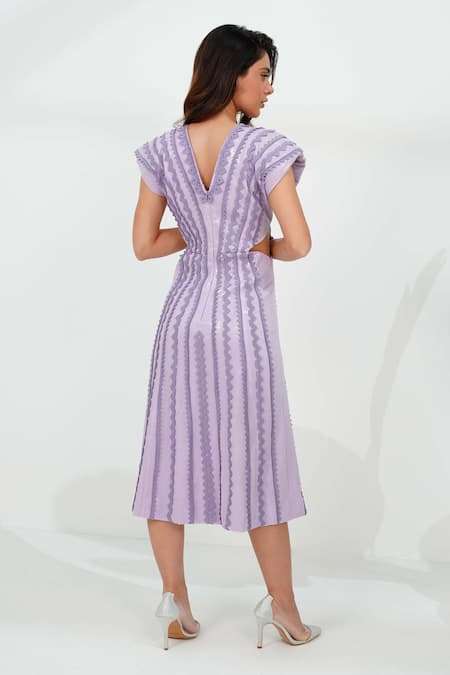 Shop Vidhi Wadhwani Purple Sequin Embroidered Geometric Applique Lace V Neck Priaa Midi Dress at Aza Fashions Shop_Vidhi Wadhwani_Purple Sequin Embroidered Geometric Applique Lace V Neck Priaa Midi Dress _at_Aza_Fashions