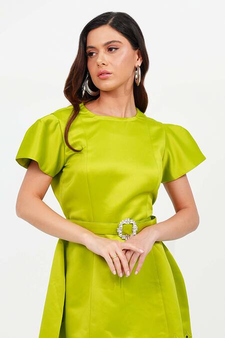 Buy_Vidhi Wadhwani_Yellow Dutch Satin Embrodiered Diamond Round Prisa Cutwork Hem Dress _Online_at_Aza_Fashions