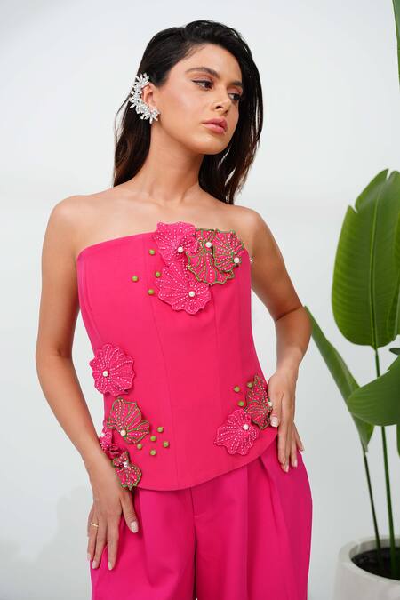 Vidhi Wadhwani Pink Stretch Crepe Embroidered Coral Applique Selene Corset Top And Pant Set at Aza Fashions Vidhi Wadhwani_Pink Stretch Crepe Embroidered Coral Applique Selene Corset Top And Pant Set _at_Aza_Fashions