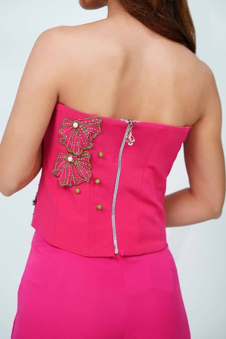 Vidhi Wadhwani Pink Stretch Crepe Embroidered Coral Applique Straight Selene 3d Corset Top Online at Aza Fashions Vidhi Wadhwani_Pink Stretch Crepe Embroidered Coral Applique Straight Selene 3d Corset Top _Online_at_Aza_Fashions