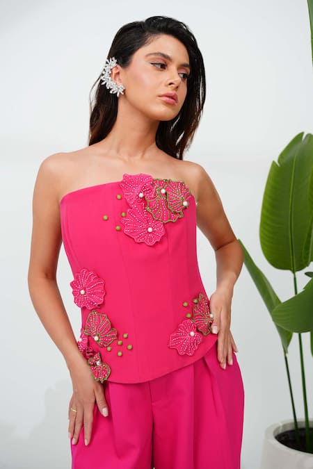 Shop Vidhi Wadhwani Pink Stretch Crepe Embroidered Coral Applique Straight Selene 3d Corset Top Online at Aza Fashions Shop_Vidhi Wadhwani_Pink Stretch Crepe Embroidered Coral Applique Straight Selene 3d Corset Top _Online_at_Aza_Fashions
