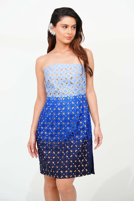 Buy_Vidhi Wadhwani_Blue Linen Cotton Embroidered Crystal Straight Via Shaded Dress _Online_at_Aza_Fashions