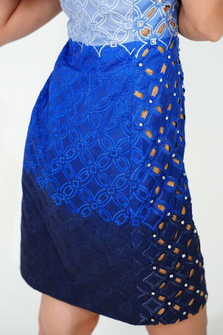 Shop_Vidhi Wadhwani_Blue Linen Cotton Embroidered Crystal Straight Via Shaded Dress _Online_at_Aza_Fashions