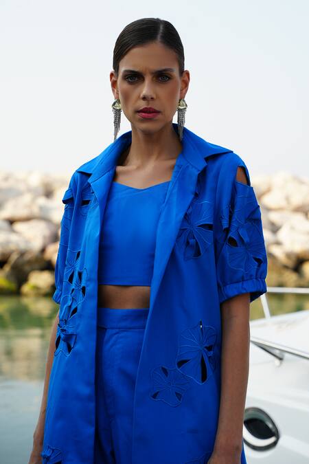 Shop Vidhi Wadhwani Blue Twill Cotton Embroidered Thread Lapel Collar Zoya Cutwork Jacket Pant Set Online at Aza Fashions Shop_Vidhi Wadhwani_Blue Twill Cotton Embroidered Thread Lapel Collar Zoya Cutwork Jacket Pant Set _Online_at_Aza_Fashions