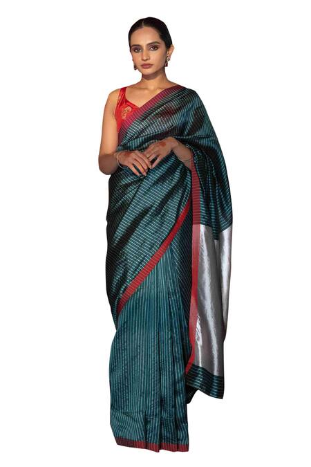 Zal From Benaras Green Chanderi Silk Striped Pure Saree With Unstitched Blouse Piece Online at Aza Fashions Zal From Benaras_Green Chanderi Silk Striped Pure Saree With Unstitched Blouse Piece _Online_at_Aza_Fashions