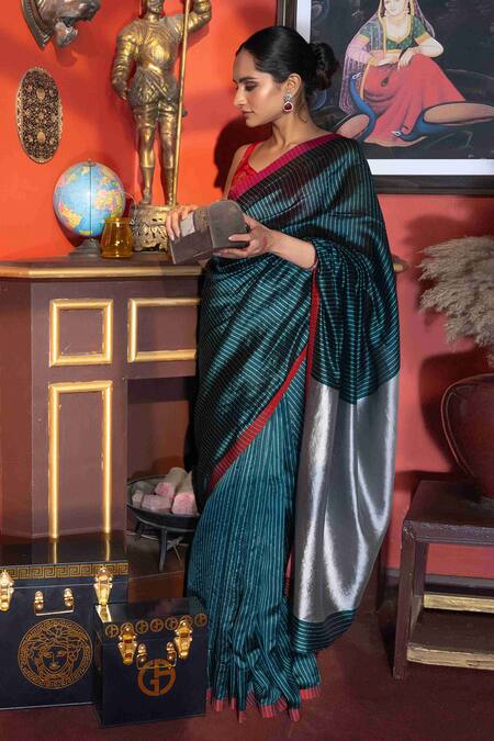 Shop Zal From Benaras Green Chanderi Silk Striped Pure Saree With Unstitched Blouse Piece Online at Aza Fashions Shop_Zal From Benaras_Green Chanderi Silk Striped Pure Saree With Unstitched Blouse Piece _Online_at_Aza_Fashions