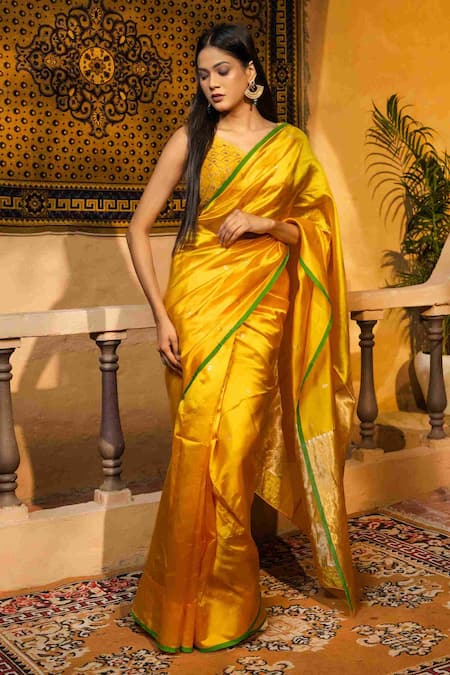 Zal From Benaras Yellow Pure Chanderi Silk Banarasi Handloom Saree With Unstitched Blouse Piece