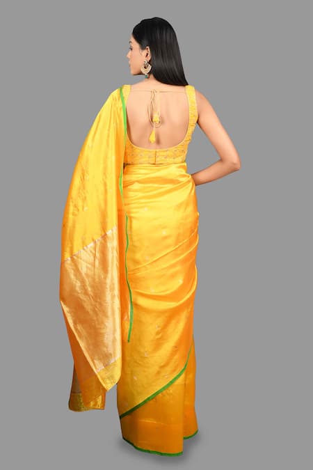 Shop Zal From Benaras Yellow Woven Pure Banarasi Handloom Saree With Unstitched Blouse Piece at Aza Fashions Shop_Zal From Benaras_Yellow Woven Pure Banarasi Handloom Saree With Unstitched Blouse Piece _at_Aza_Fashions