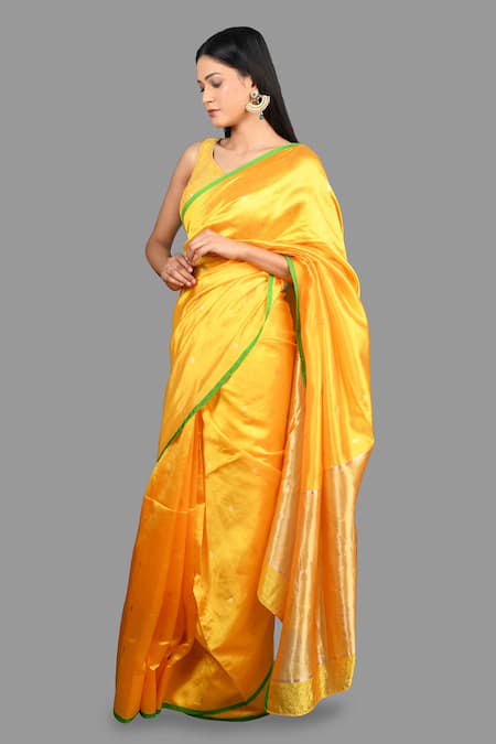Shop Zal From Benaras Yellow Woven Pure Banarasi Handloom Saree With Unstitched Blouse Piece Online at Aza Fashions Shop_Zal From Benaras_Yellow Woven Pure Banarasi Handloom Saree With Unstitched Blouse Piece _Online_at_Aza_Fashions