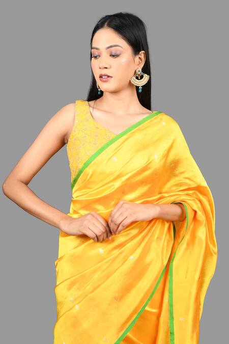 Zal From Benaras Yellow Woven Pure Banarasi Handloom Saree With Unstitched Blouse Piece at Aza Fashions Zal From Benaras_Yellow Woven Pure Banarasi Handloom Saree With Unstitched Blouse Piece _at_Aza_Fashions