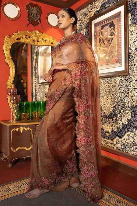 Zal From Benaras Brown Pure Tissue Silk Woven Rose Garden Saree With Unstitched Blouse Piece