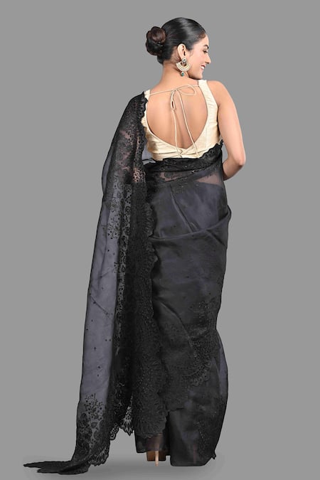 Shop Zal From Benaras Black Organza, Silk Chikankari Fleur Saree With Unstitched Blouse Piece at Aza Fashions Shop_Zal From Benaras_Black Organza, Silk Chikankari Fleur Saree With Unstitched Blouse Piece _at_Aza_Fashions
