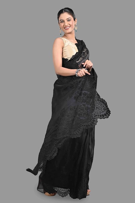 Buy Zal From Benaras Black Organza, Silk Chikankari Fleur Saree With Unstitched Blouse Piece Online at Aza Fashions Buy_Zal From Benaras_Black Organza, Silk Chikankari Fleur Saree With Unstitched Blouse Piece _Online_at_Aza_Fashions
