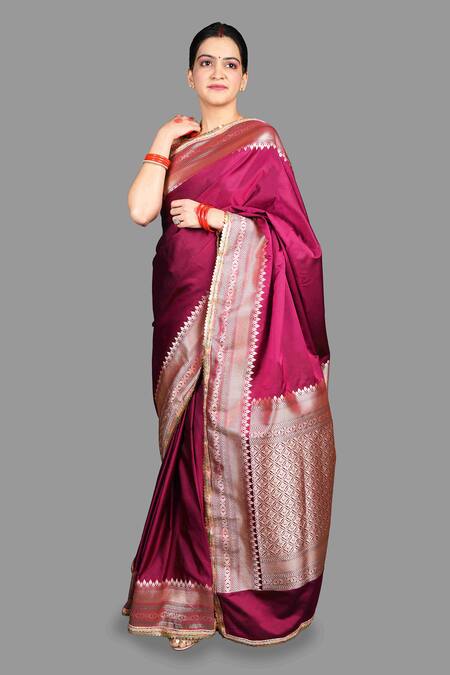 Buy_Zal From Benaras_Maroon Phool Border Woven Banarasi Handloom Saree With Unstitched Blouse Piece_Online_at_Aza_Fashions