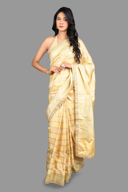 Zal From Benaras_Gold Rangkat Bahar Woven Banarasi Handloom Saree With Unstitched Blouse Piece_Online_at_Aza_Fashions