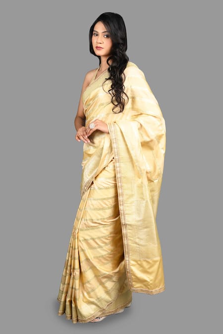 Buy_Zal From Benaras_Gold Rangkat Bahar Woven Banarasi Handloom Saree With Unstitched Blouse Piece_Online_at_Aza_Fashions