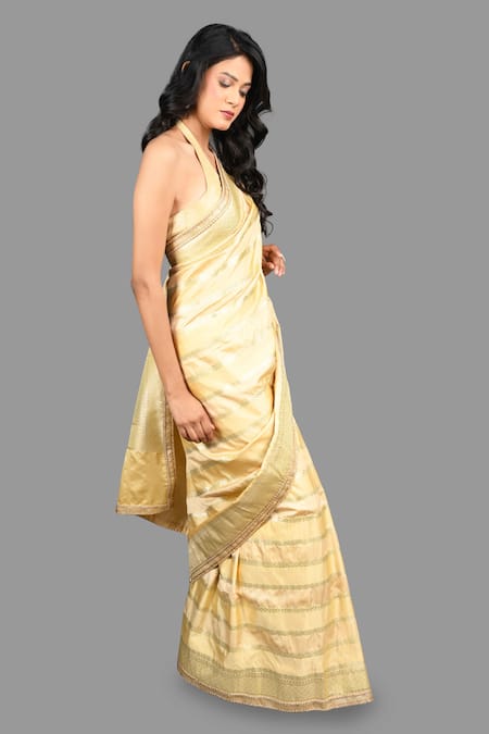 Shop_Zal From Benaras_Gold Rangkat Bahar Woven Banarasi Handloom Saree With Unstitched Blouse Piece_Online_at_Aza_Fashions