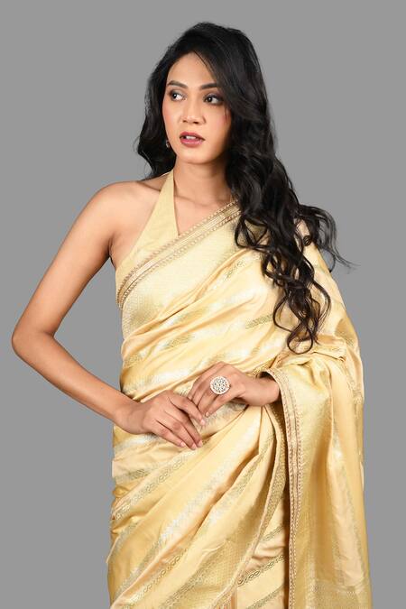Zal From Benaras_Gold Rangkat Bahar Woven Banarasi Handloom Saree With Unstitched Blouse Piece_at_Aza_Fashions