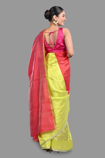 Shop_Zal From Benaras_Green Chanderi Silk Colorblocked Pure Saree With Unstitched Blouse Piece _at_Aza_Fashions
