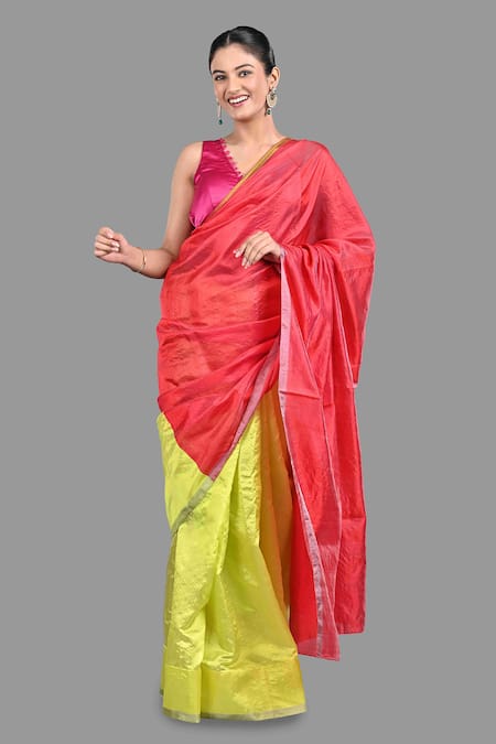 Zal From Benaras_Green Chanderi Silk Colorblocked Pure Saree With Unstitched Blouse Piece _Online_at_Aza_Fashions