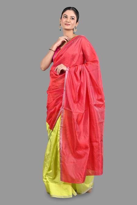 Buy_Zal From Benaras_Green Chanderi Silk Colorblocked Pure Saree With Unstitched Blouse Piece _Online_at_Aza_Fashions