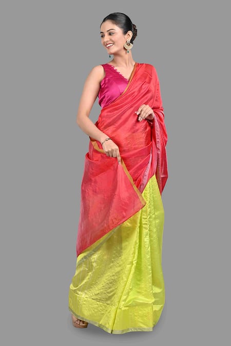 Shop_Zal From Benaras_Green Chanderi Silk Colorblocked Pure Saree With Unstitched Blouse Piece _Online_at_Aza_Fashions
