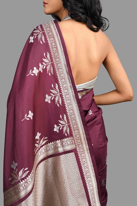 Shop_Zal From Benaras_Magenta Phool Bagh Woven Banarasi Handloom Saree With Unstitched Blouse Piece _Online_at_Aza_Fashions