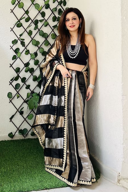 Zal From Benaras Black Pure Organza Silk Woven Zari Striped Saree With Unstitched Blouse Piece 