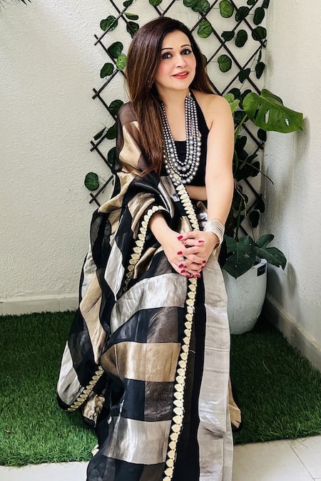 Buy Zal From Benaras Black Organza Zari Striped Pure Silk Saree With Unstitched Blouse Piece Online at Aza Fashions Buy_Zal From Benaras_Black Organza Zari Striped Pure Silk Saree With Unstitched Blouse Piece_Online_at_Aza_Fashions