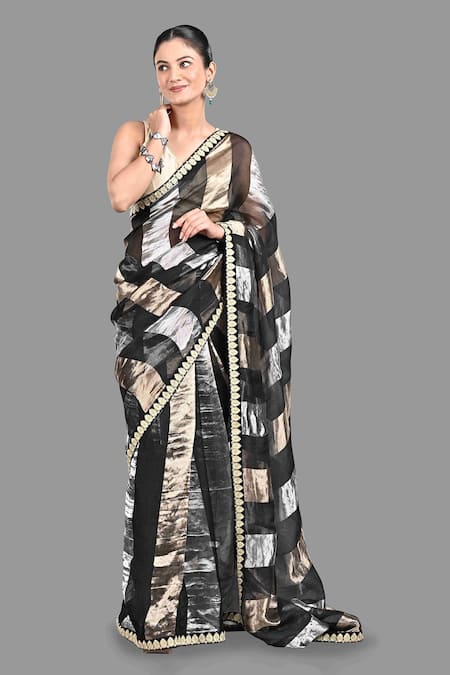 Shop Zal From Benaras Black Organza Zari Striped Pure Silk Saree With Unstitched Blouse Piece Online at Aza Fashions Shop_Zal From Benaras_Black Organza Zari Striped Pure Silk Saree With Unstitched Blouse Piece_Online_at_Aza_Fashions