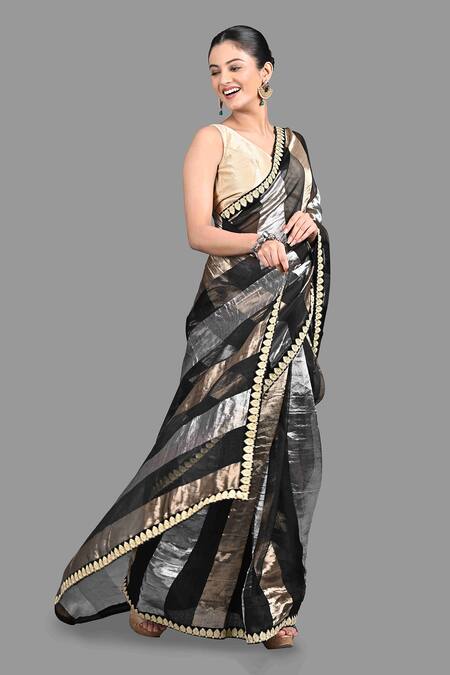 Zal From Benaras Black Organza Zari Striped Pure Silk Saree With Unstitched Blouse Piece at Aza Fashions Zal From Benaras_Black Organza Zari Striped Pure Silk Saree With Unstitched Blouse Piece_at_Aza_Fashions