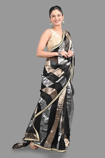 Buy Zal From Benaras Black Organza Zari Striped Pure Silk Saree With Unstitched Blouse Piece Buy_Zal From Benaras_Black Organza Zari Striped Pure Silk Saree With Unstitched Blouse Piece