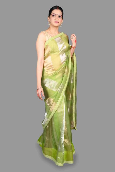 Buy Zal From Benaras Green Organza, Silk Broad Striped Pure Saree With Unstitched Blouse Piece Online at Aza Fashions Buy_Zal From Benaras_Green Organza, Silk Broad Striped Pure Saree With Unstitched Blouse Piece _Online_at_Aza_Fashions